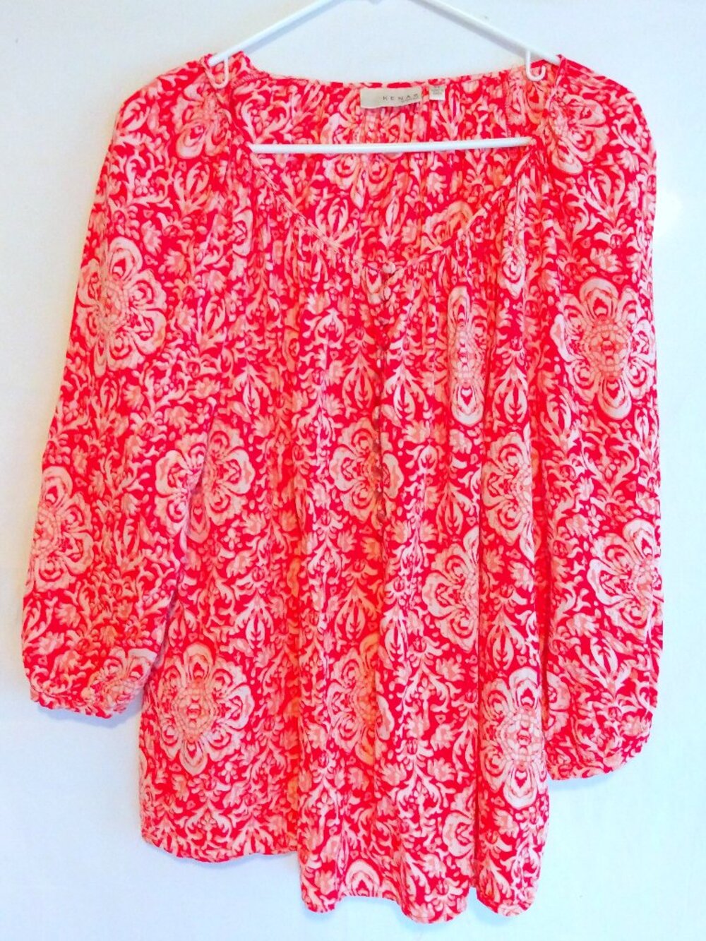 Kenar Woman Red Floral Blouse Top Plus 2X Boho Resortwear Casual Chic Vacation